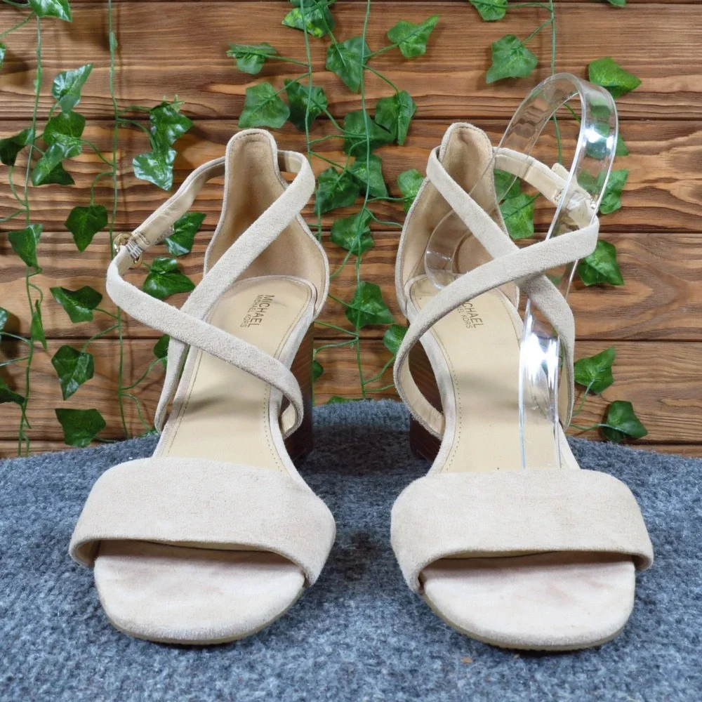 Michael Kors PV20C Women‎ Wedge Sandals Sz 9.5M Dress Casual Beige Suede Strappy